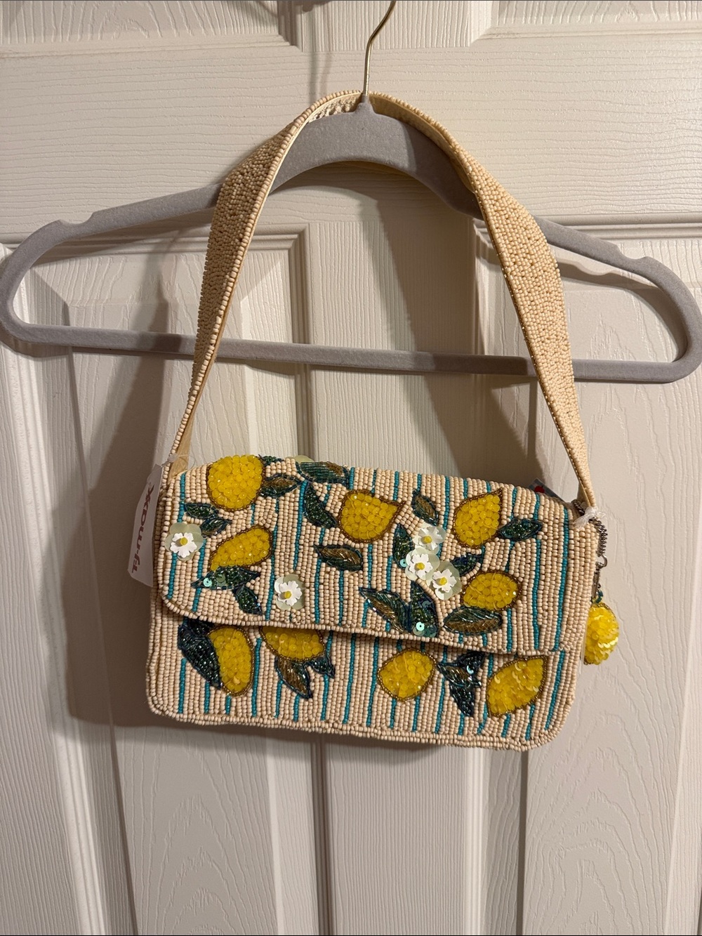Beaded Lemon Shoulder Bag in Cream and Yellow